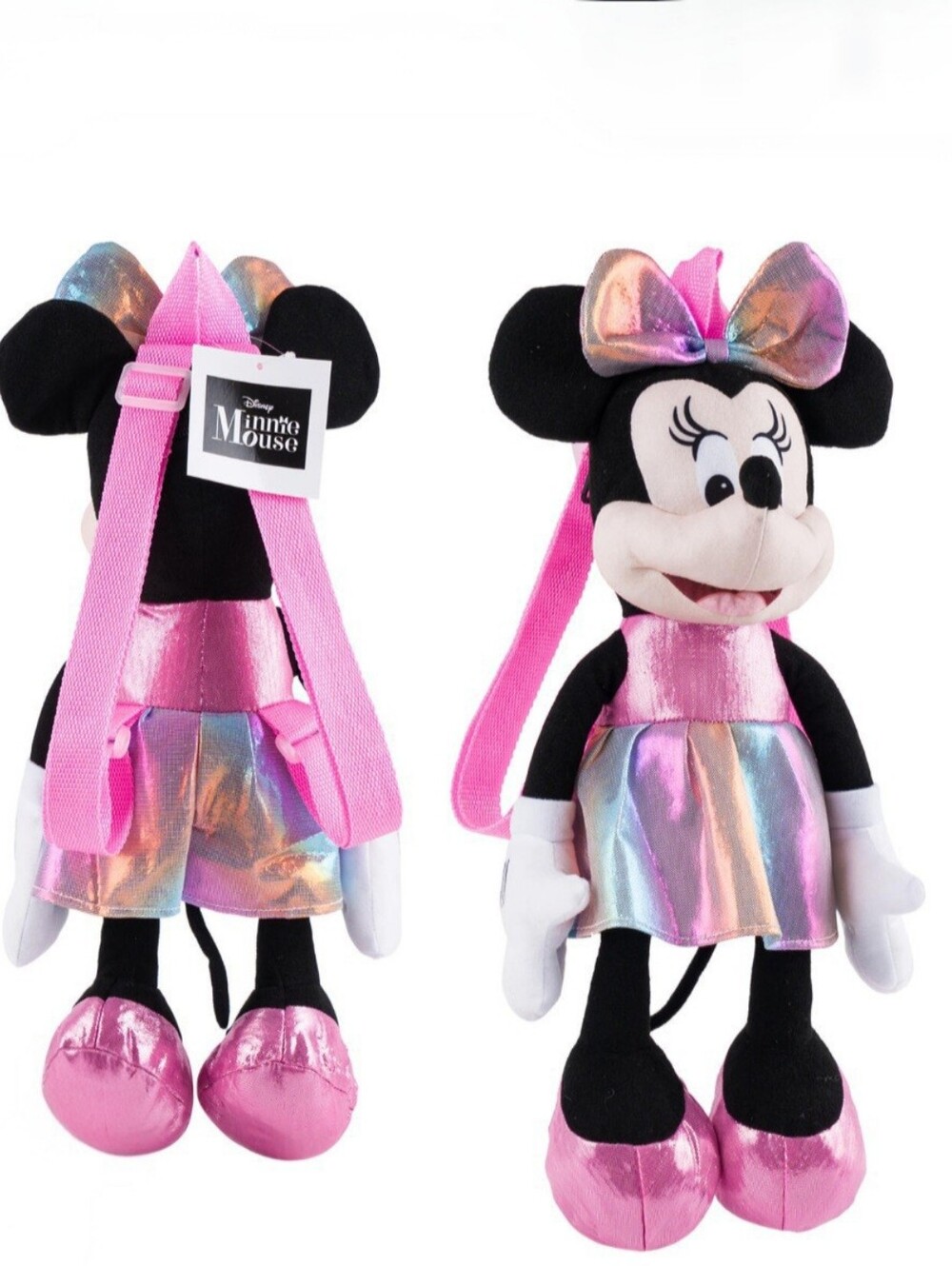 Disney Minnie Mouse Plush Doll Backpack 16" Pink Iridescent Shimmer Dress NWT
